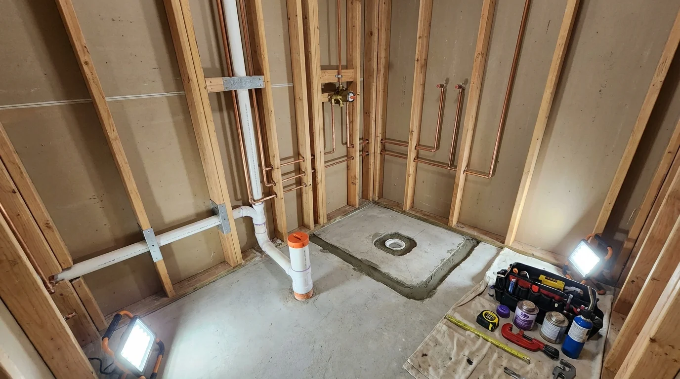 Bathroom rough-in plumbing during remodel by Johns Plumbing LLC in Sullivans Island