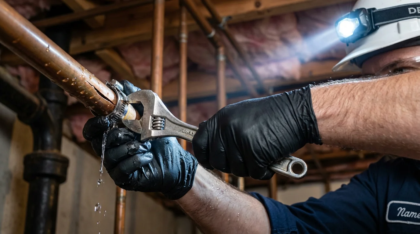 Emergency pipe clamp repair being performed by a Johns Plumbing LLC plumber in Sullivans Island