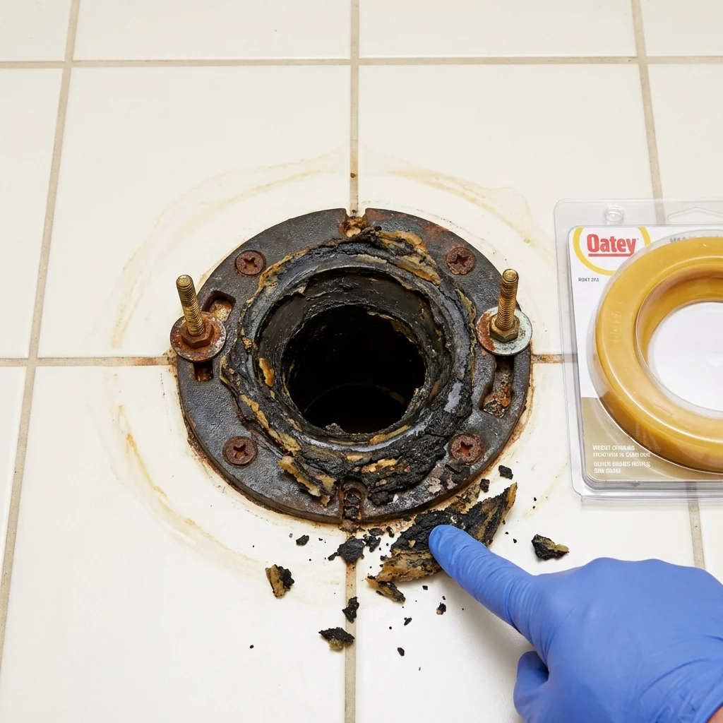Failed wax ring showing water seepage at the base of a toilet in a Sullivans Island, SC home