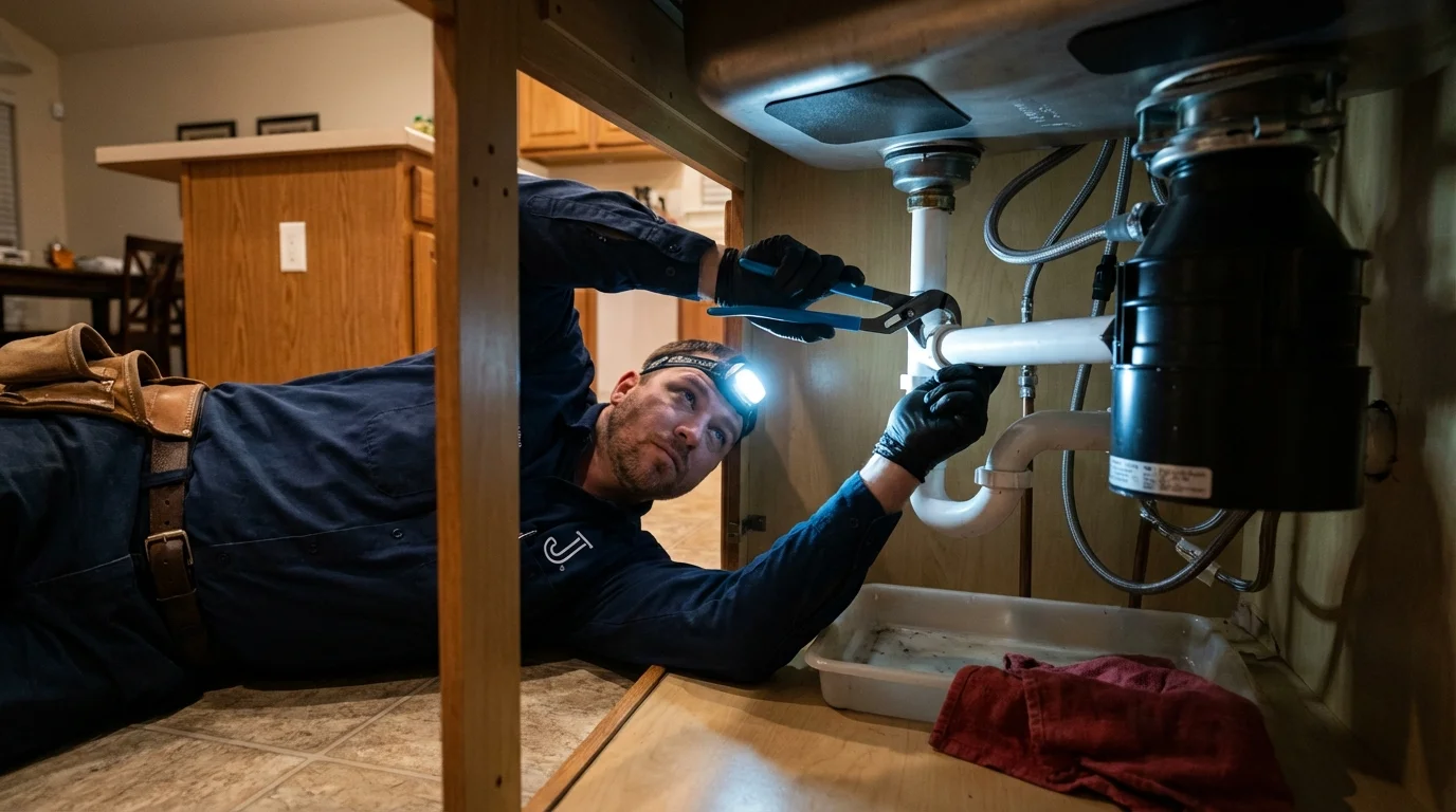 P-trap and supply line connections under a kitchen sink showing a common leak point in Sullivans Island, SC